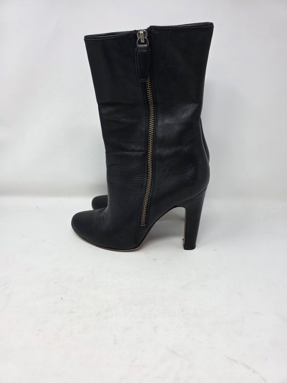 Coach Black Leather Mid Calf High Heel Boots Side Zip Signature C Lining 7.5